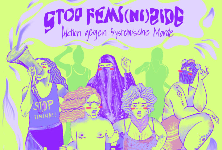 Illustration von unterschiedlichen Frauen mit erhobenen Händen, die "Stop Feminizide" rufen.