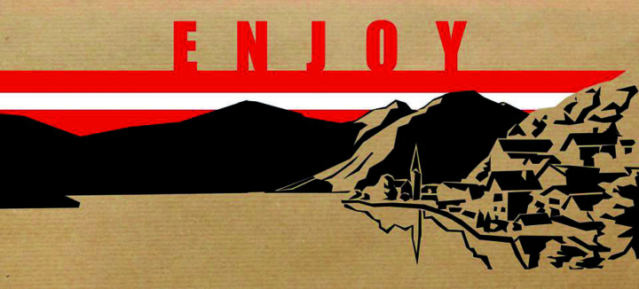 Graphik mit dem Text "Enjoy", einem Schwazweißbild von einem malerischen Ort am See mit Bergen und der österreichischen Flagge