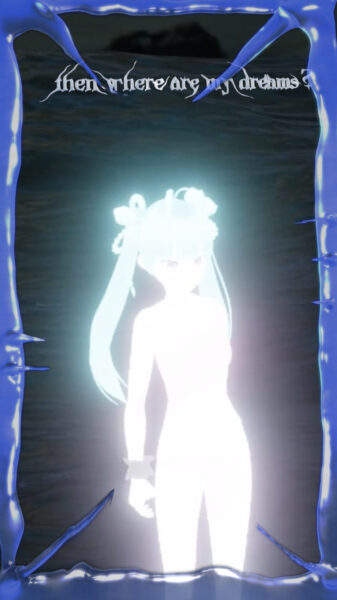 a white glowing manga figure with long ponytails towards a darker greenish background, a blue thorny frame around the picture and amorphic letters on top of the picture saying: 