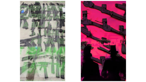 Two collage-like portrait format pictures next to each other. They shop gunlike shapes overlapping collage-like. The left picture is held in grey and green tones, the right one in pink and black