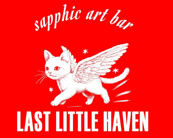 Weiße Katze mit Flügeln auf rotem Hintergrund mit dem Schriftzug " Sapphic art bar - Last Little Haven"