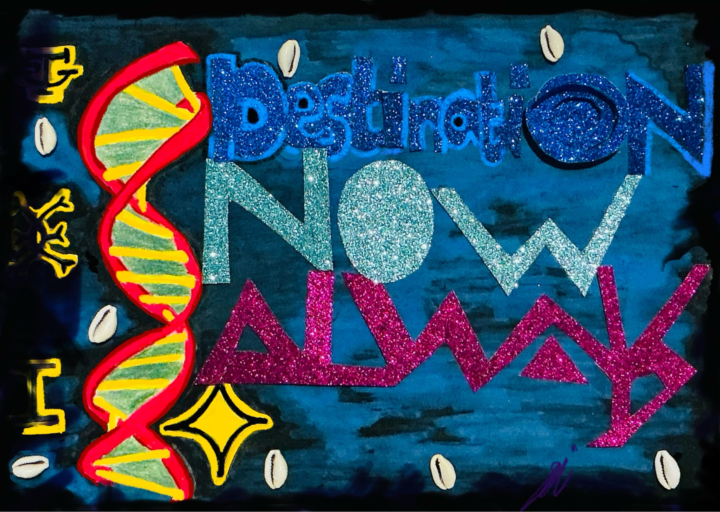 Glitzernde Collage mit DNA-Strang und Schriftzug "Destination Now Always"