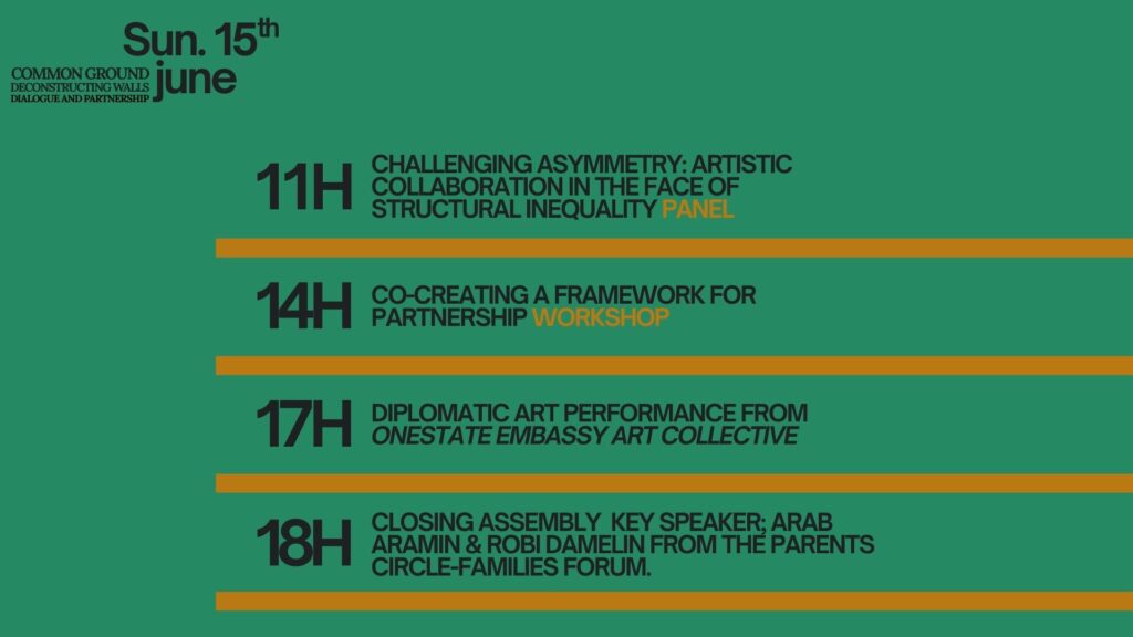 Sun. 15.6 11:00 Challenging Asymmetry: Artistic Collaboration in the Face of Structural Inequality (panel) 14:00 Co-Creating a Framework for Partnership (workshop) 17:00 Diplomatic Art Performance - OneState Embassy Art Collective 18:00 Closing Assembly
