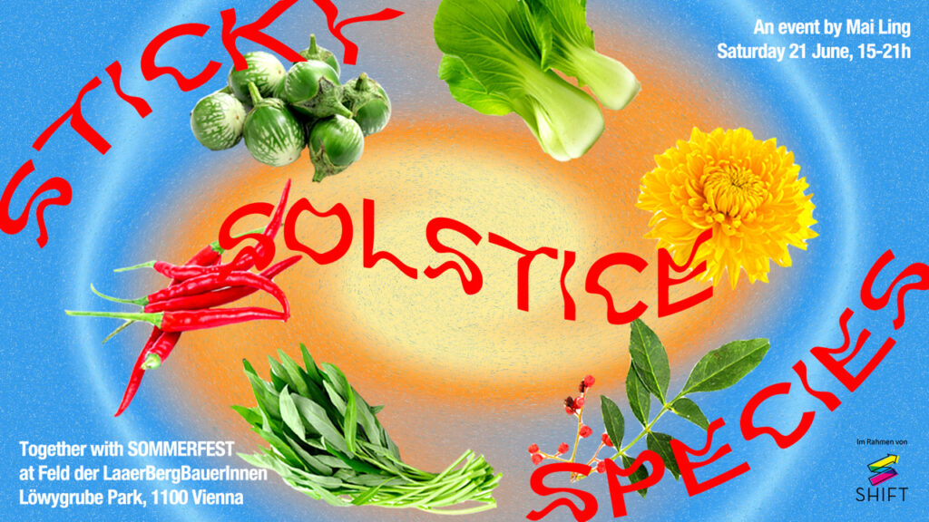 A blue background with a circular orange sun-like center with the title 'Sticky Solstice, Species'.