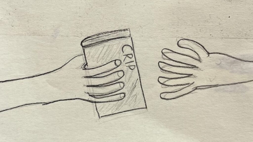 Eine Zeichnung aus Bleistift und schwarzem Stift. Zwei Hände, die zueinander ein Buch oder Magazin reichen, auf dessen Cover das Wort CRIP lesbar ist. Unbekannte*r Künstler*in / 1. OFFENEN redAKTION 2025. A drawing in pencil and black pen. Two hands passing a book or magazine to one another. The word CRIP is written on the cover. unknown artist / 1. OFFENE redAKTION 2025