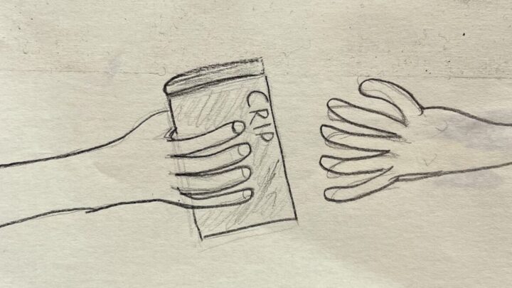 Eine Zeichnung aus Bleistift und schwarzem Stift. Zwei Hände, die zueinander ein Buch oder Magazin reichen, auf dessen Cover das Wort CRIP lesbar ist. Unbekannte*r Künstler*in / 1. OFFENEN redAKTION 2025. A drawing in pencil and black pen. Two hands passing a book or magazine to one another. The word CRIP is written on the cover. unknown artist / 1. OFFENE redAKTION 2025